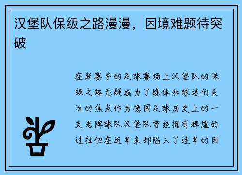 汉堡队保级之路漫漫，困境难题待突破